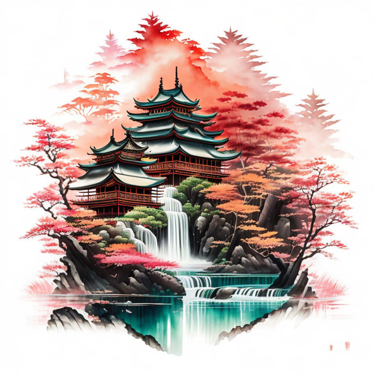 Vibrant autumn trees and waterfall at traditional Asian pagoda