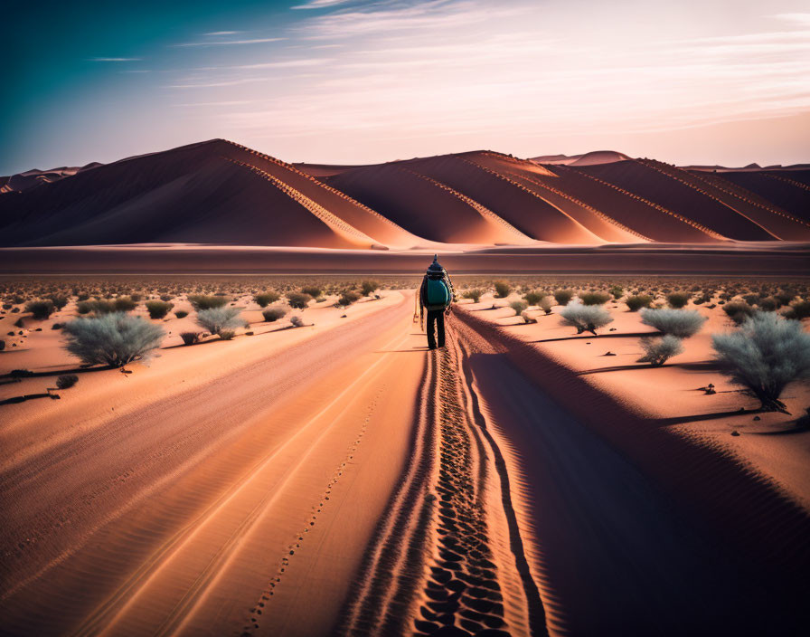 Cyclist in desert at sunset with long shadow