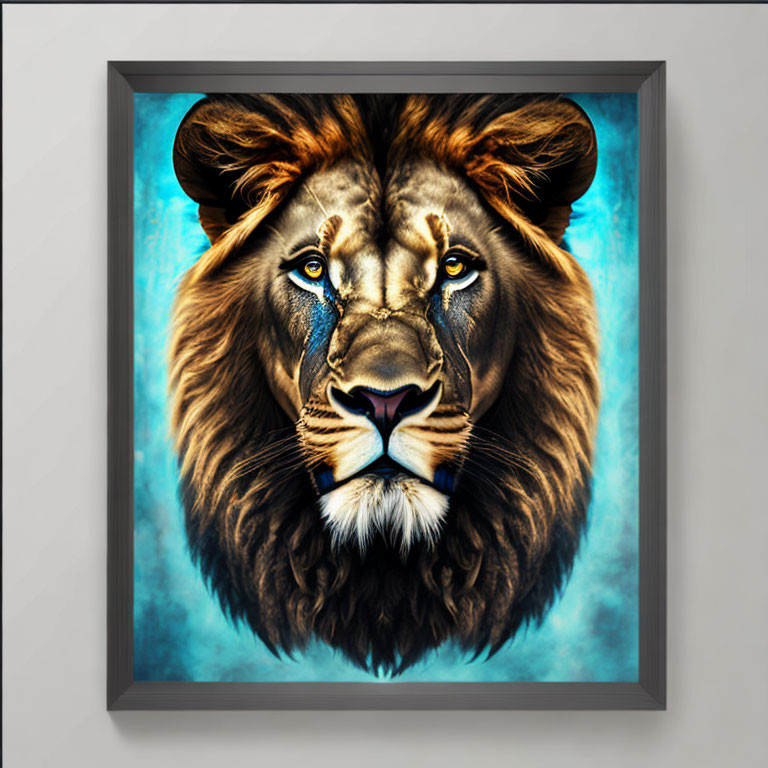 Colorful Lion Portrait on Deep Blue Background in Dark Frame