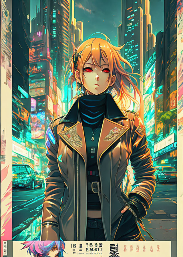 Blonde-Haired Anime Character in Jacket in Neon Cityscape