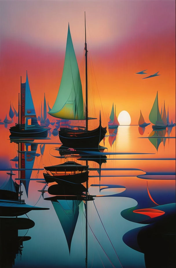 Colorful sunset over calm waters with sailboats and reflections