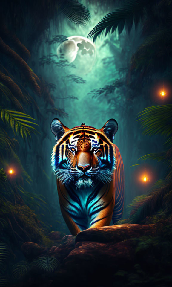 Majestic tiger in moonlit mystical forest with candlelight glow