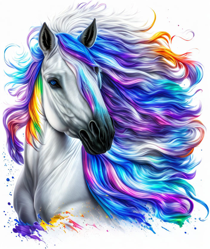 Colorful Rainbow Mane White Horse Illustration on White Background