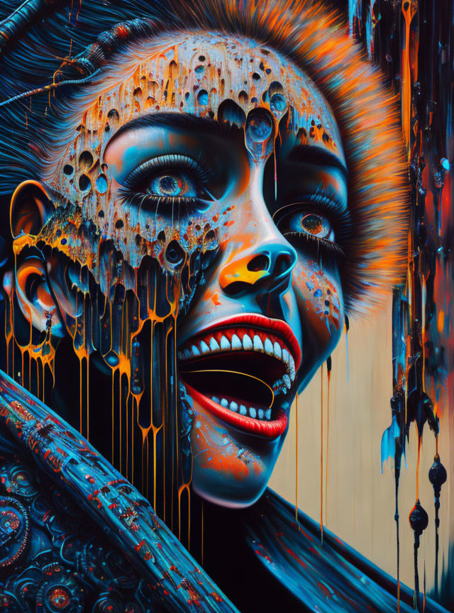 Surreal portrait of female figure with robotic and melting features