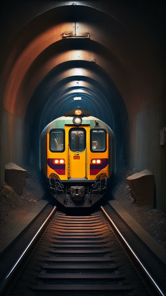 Yellow and Orange Train Approaching Through Dark Tunnel