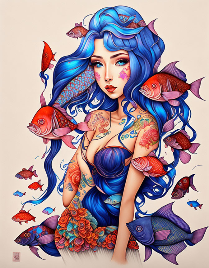 Illustrated woman with vibrant blue hair and fish, tattoo-like designs and floral motifs.