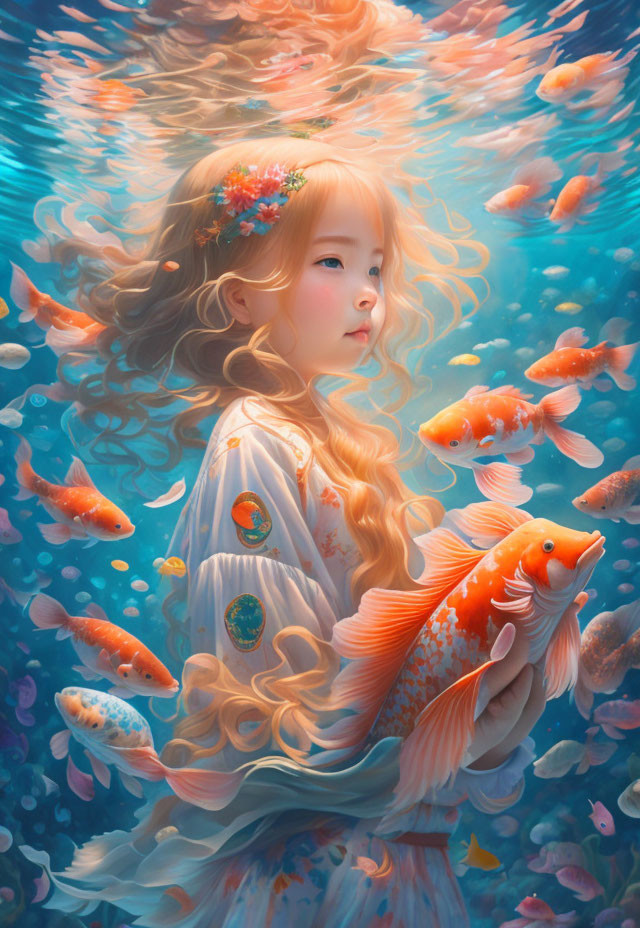 Serene girl with goldfish in mesmerizing underwater scene