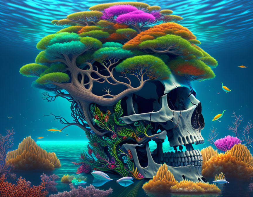 Colorful Coral-Covered Skull in Underwater Scene