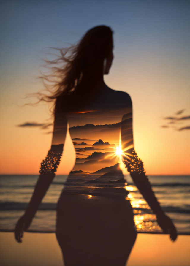 Woman silhouette with flowing hair against sunset background.