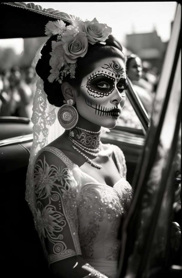 Bridal dress woman with Day of the Dead makeup in car with floral hair.