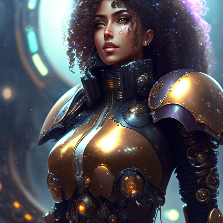 Curly-haired woman in futuristic golden armor, with intricate designs and soft glow.