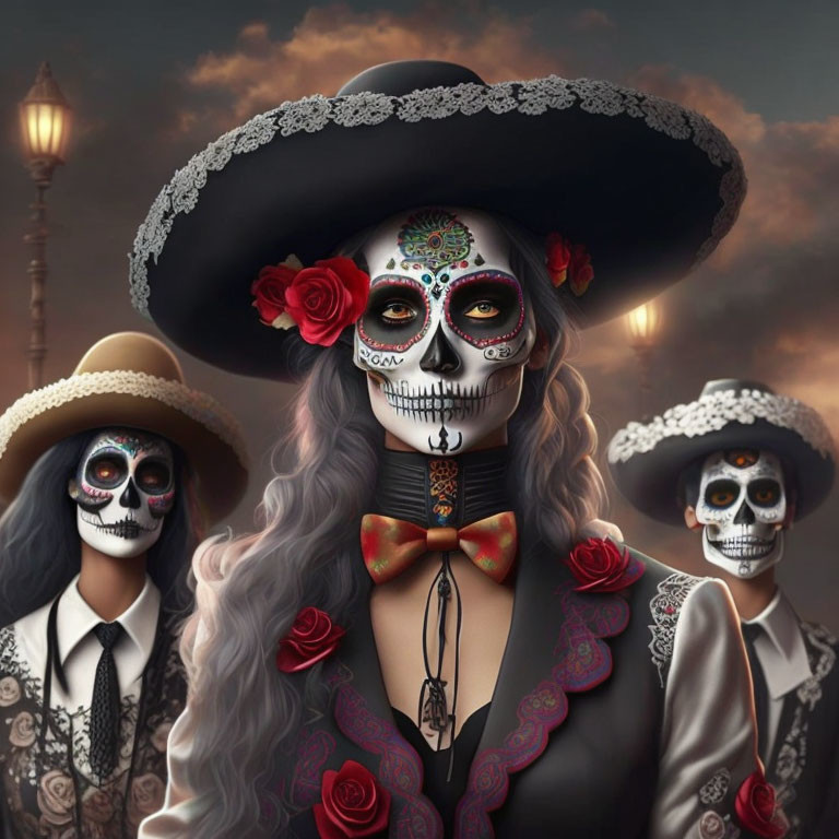 Three individuals in Dia de los Muertos skull makeup with sombreros and flowers on vintage backdrop