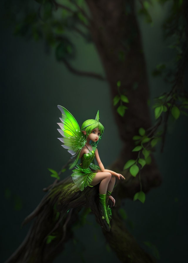 Green fairy with delicate wings on gnarled tree branch in tranquil forest