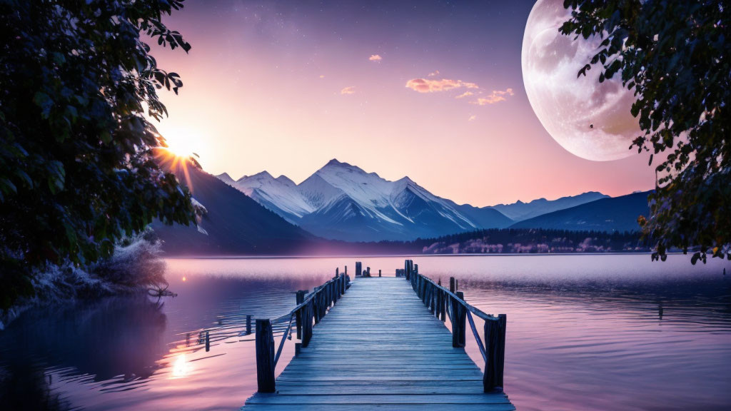 Tranquil lake with wooden dock, snowy mountains, twilight sky, moon, and stars