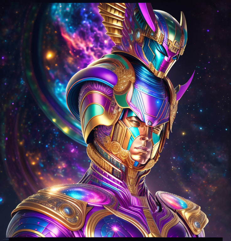 Cosmic-themed character in ornate armor among swirling galaxies