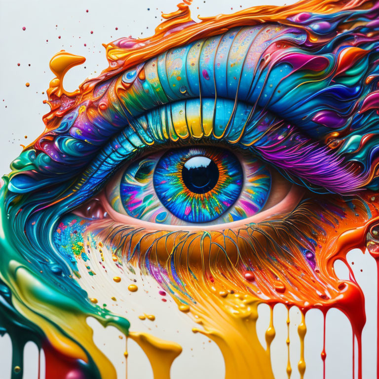 Colorful eye with swirling rainbow paint on neutral background