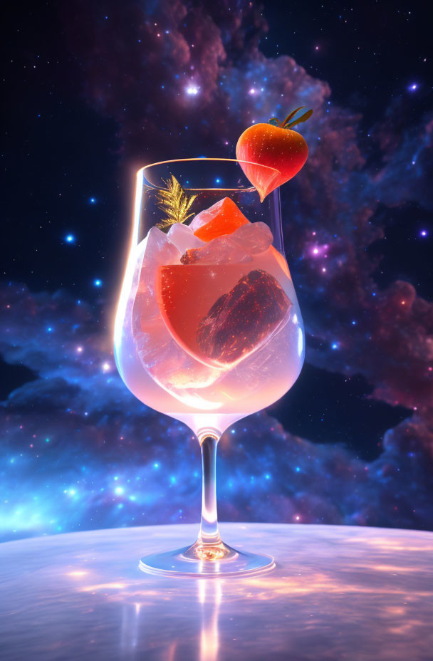 Cocktail glass with ice, strawberry, and rosemary on cosmic backdrop