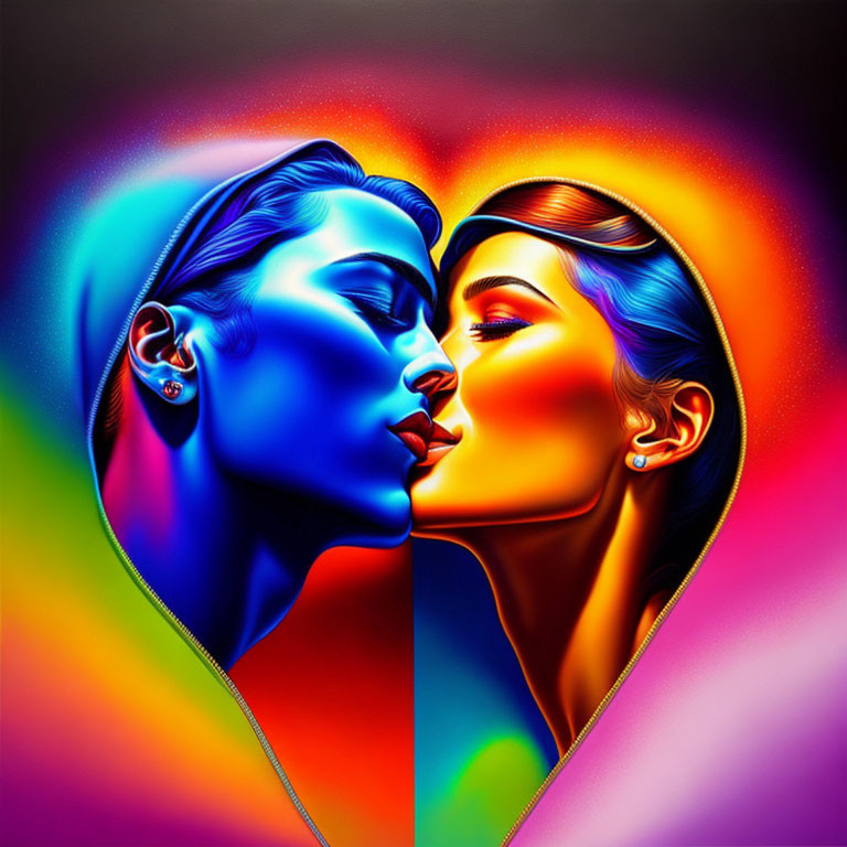 Stylized blue and orange faces in profile against multicolor background