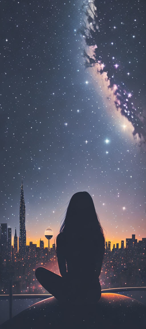 Silhouette of person against night cityscape with starry sky and Milky Way.