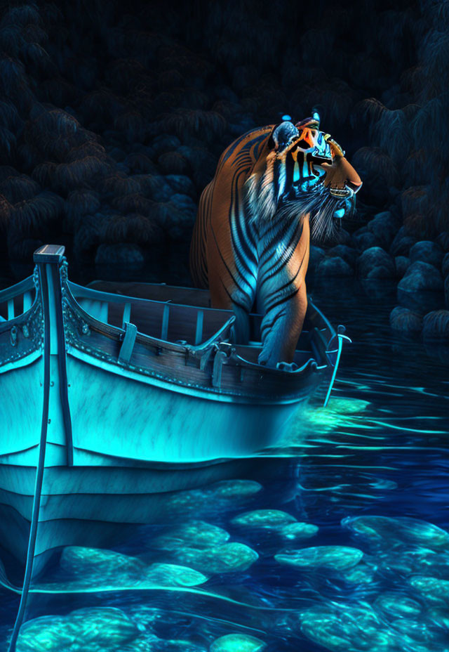 Tiger resting in boat on luminescent blue waters in dark cave