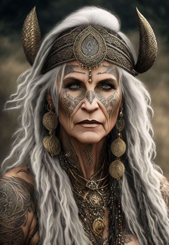 Elderly woman with intricate facial tattoos and horned headgear