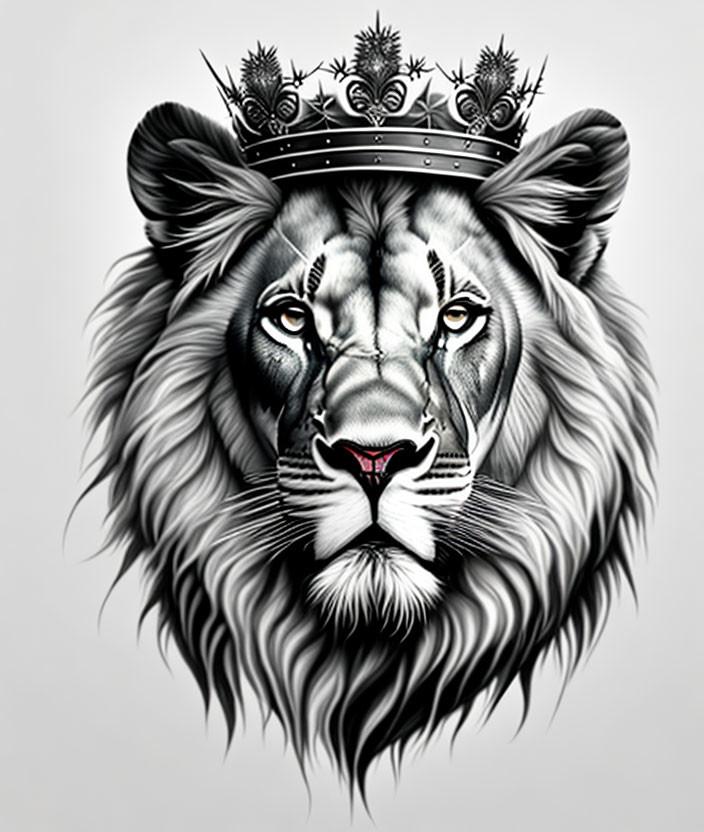 Monochromatic lion face with detailed crown symbolizing regal majesty