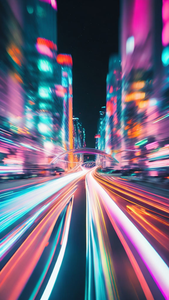 Dynamic light trails in city traffic at night with neon-lit skyscrapers