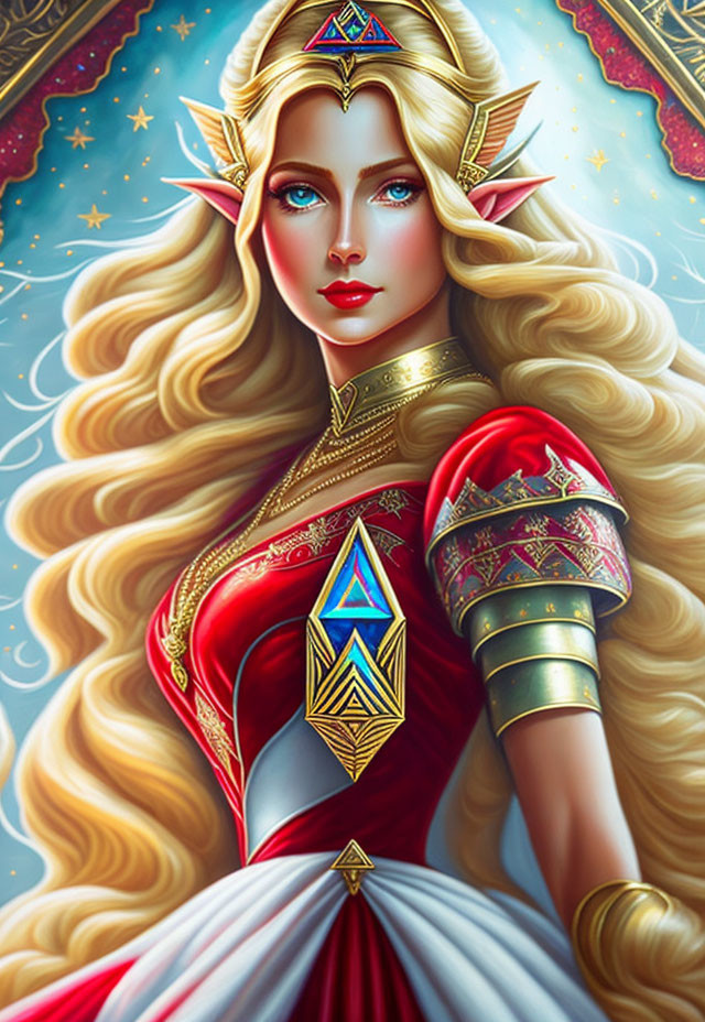 Regal elf woman with blonde hair in red and gold dress against starry backdrop