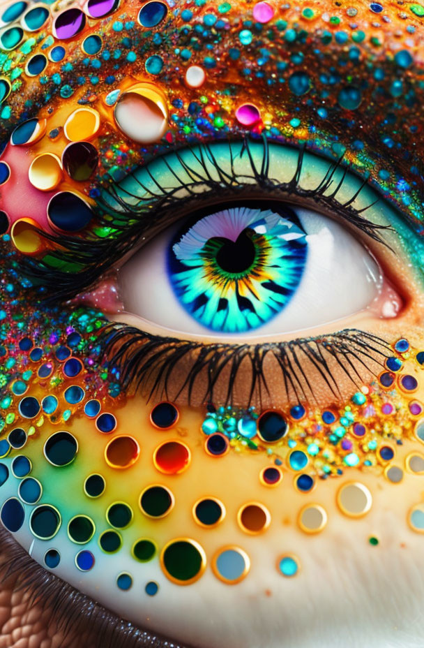 Eye with Multicolored Makeup and Vibrant Droplets