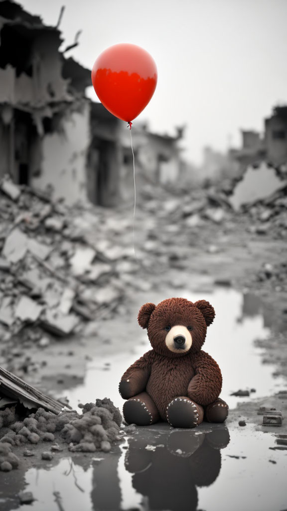 Teddy Bear with Red Balloon in Devastated Street Setting