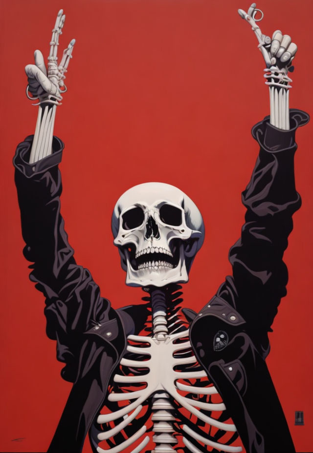 Skeleton in Black Suit Raises Hands on Red Background