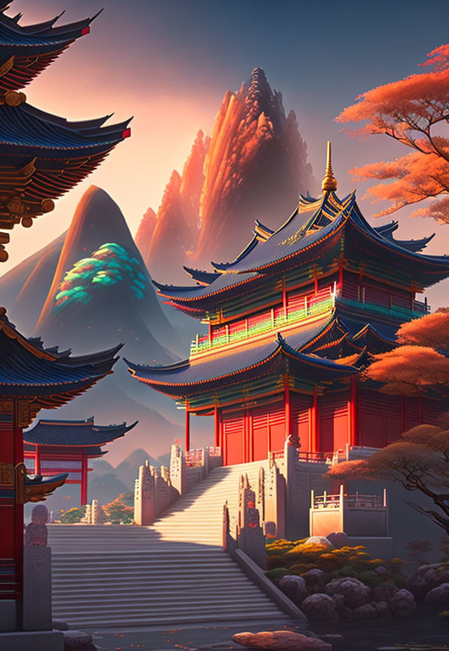 Colorful digital artwork: Asian pagoda & mystical mountain scenery