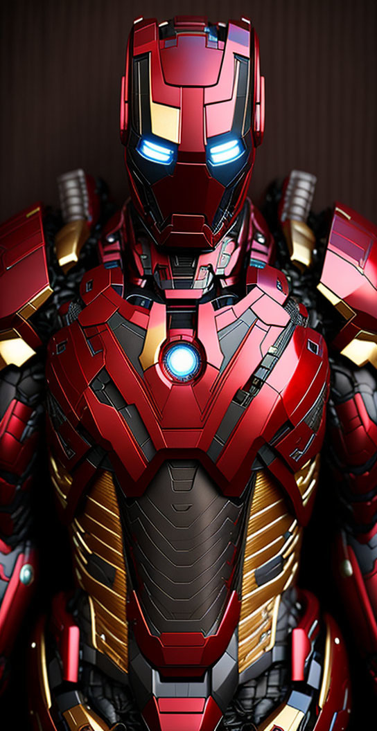 Detailed Iron Man suit with red and gold armor and glowing blue eyes.