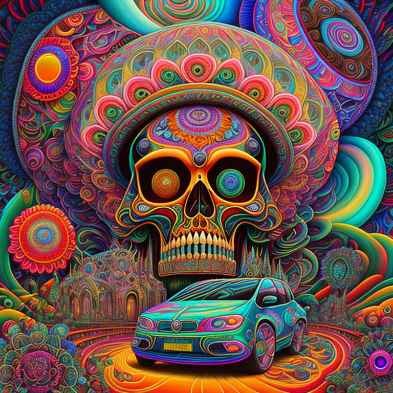 Colorful psychedelic skull with intricate patterns on vibrant landscape.