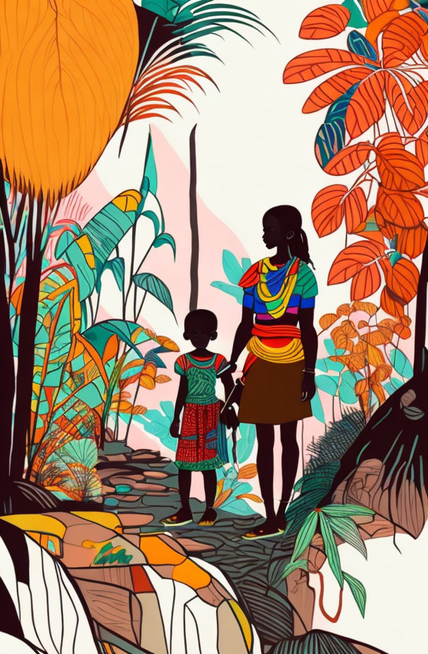 Vibrant traditional attire: Woman and child among tropical flora