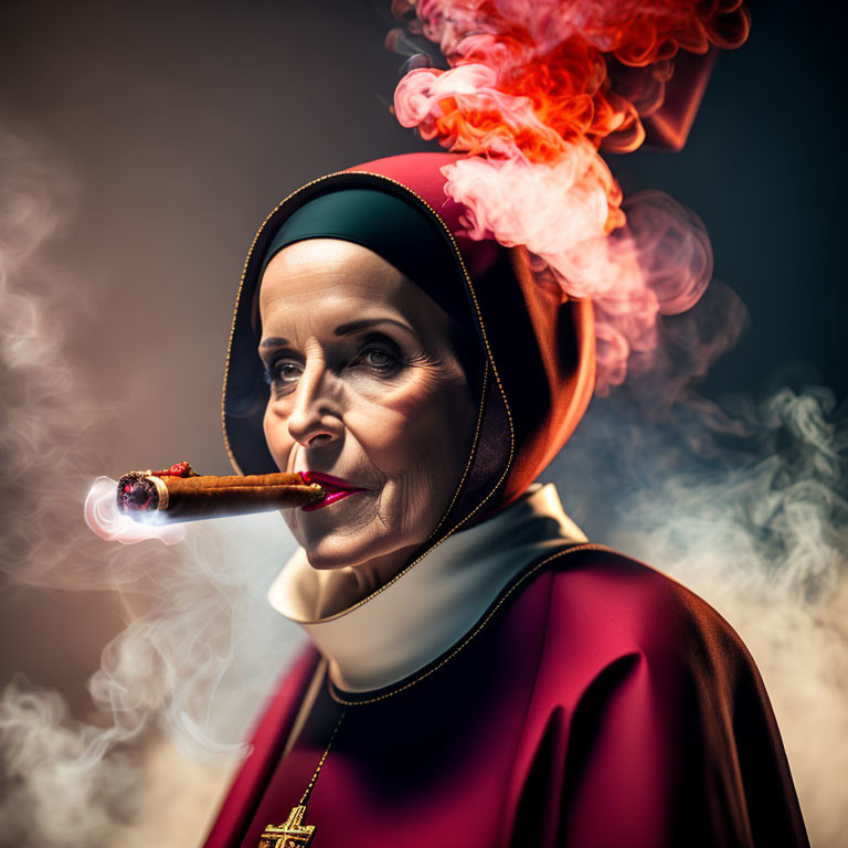 Nun costume with smoking cigar and red lipstick