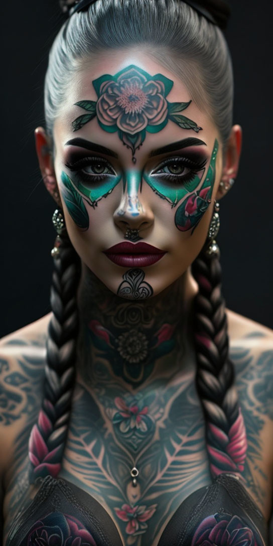 Detailed floral facial and body tattoos on person with braided hair on dark background