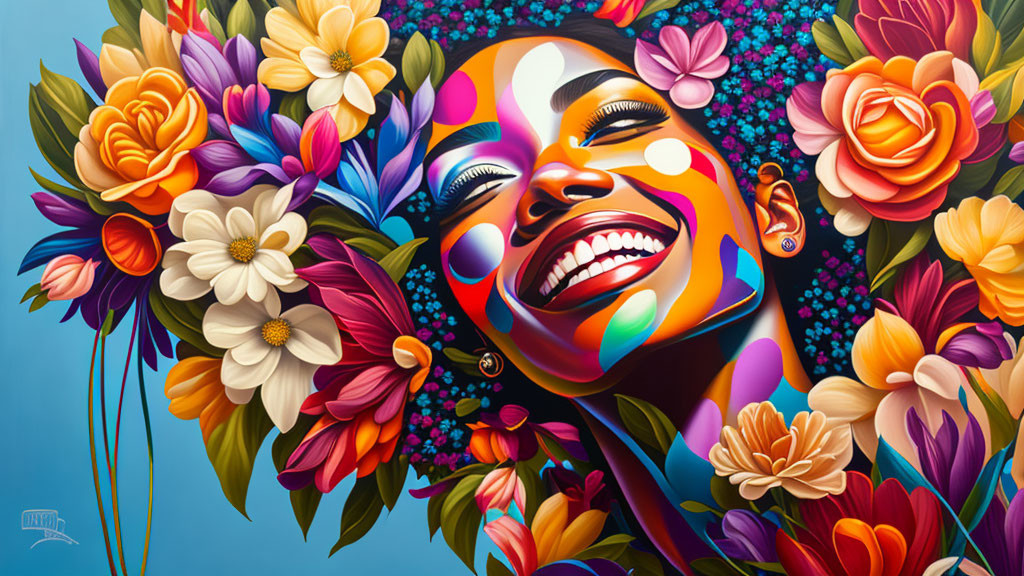 Colorful Flower Surrounding Smiling Woman's Face Portrait