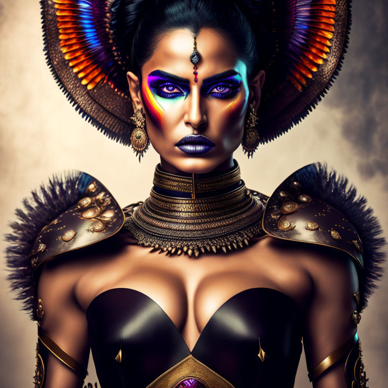 Woman with dramatic makeup and peacock feather headdress and gold jewelry