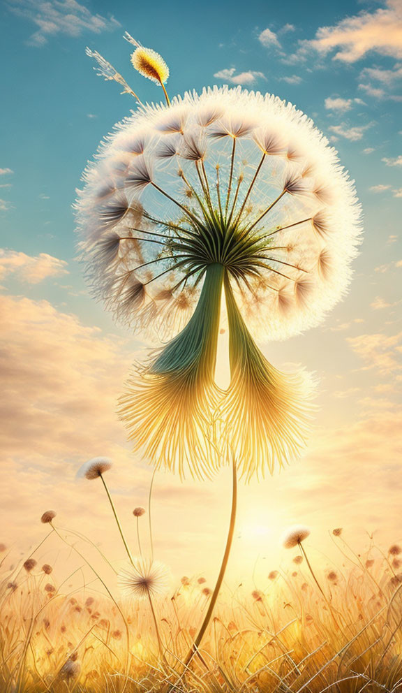 Exaggerated fluffy dandelion in golden sunset landscape