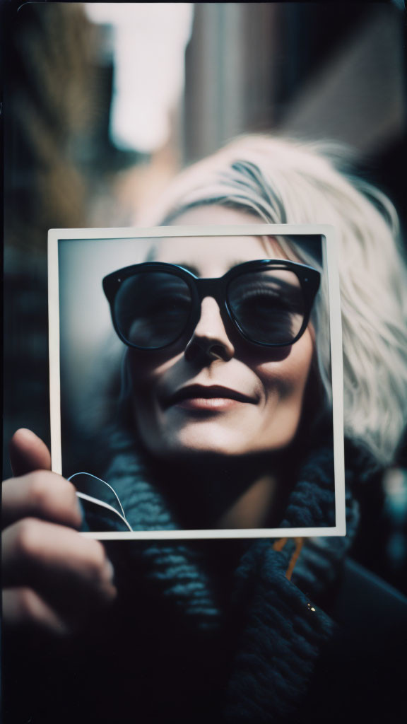 Smiling person with sunglasses holding a Polaroid photo