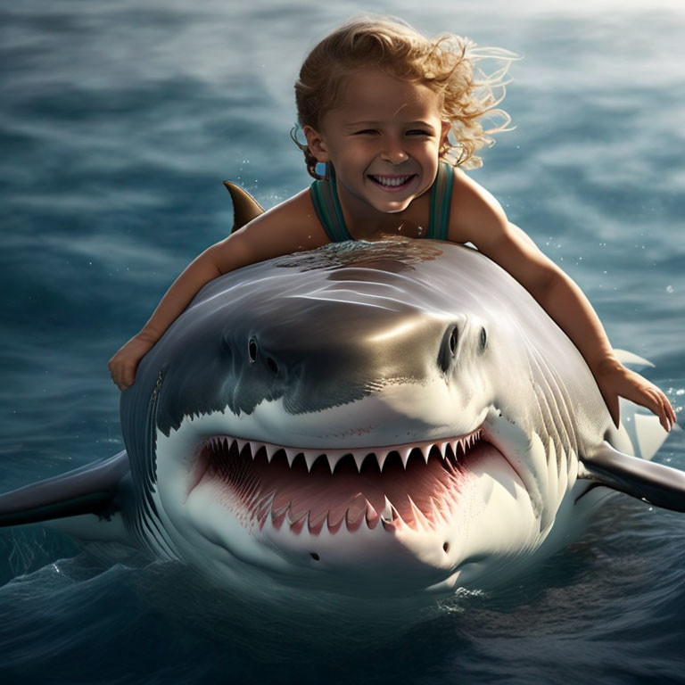 Curly-haired girl joyfully rides great white shark in sunny ocean