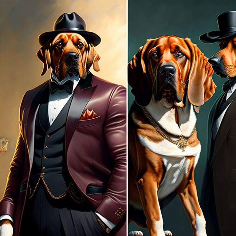 Anthropomorphized dogs in suits and hats mirroring human fashion and poses