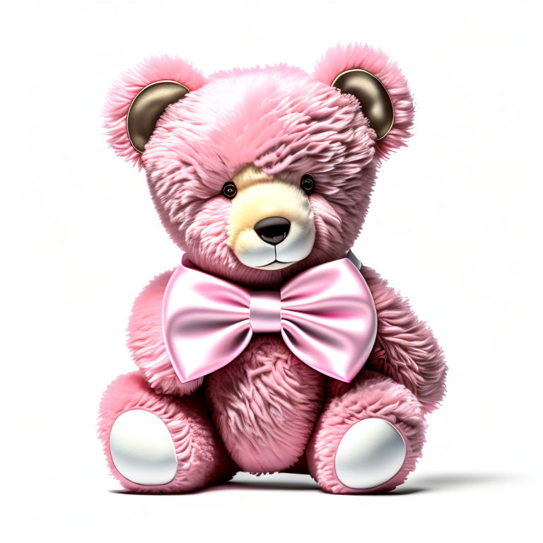 Pink fluffy teddy bear with large bow tie, cute expression.