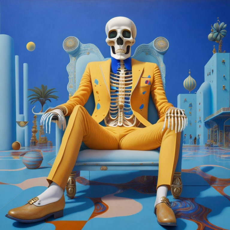 Skeleton in Yellow Suit Against Surreal Blue Backdrop