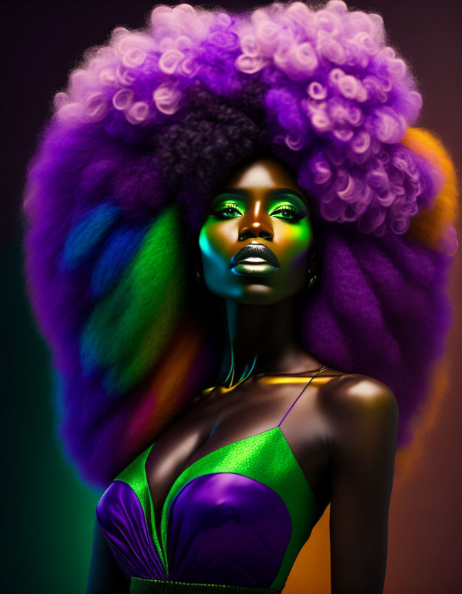 Vibrant afro hair woman with green makeup on dark background