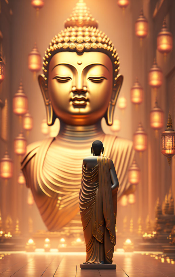 Person in sari gazes at golden Buddha in serene temple setting