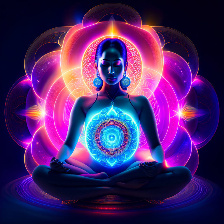 Colorful Woman Meditating Among Mandala Patterns