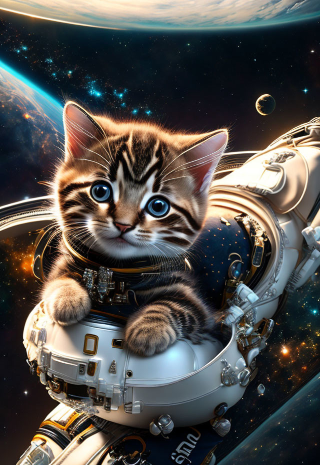 Blue-eyed kitten on astronaut suit in outer space scene