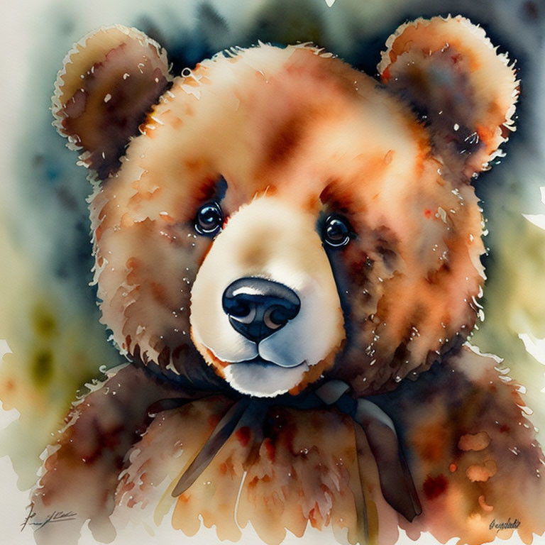 Fluffy Brown Bear Cub Watercolor Painting